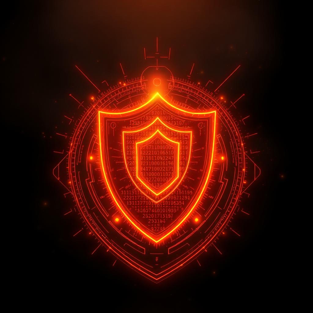 Glowing ember-orange shield over binary code on a dark charcoal background